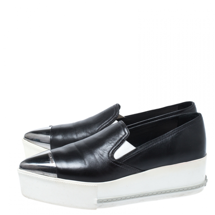 Pre Owned Miu Miu Black Leather Metal Cap Toe Slip On Sneakers Size 37.5