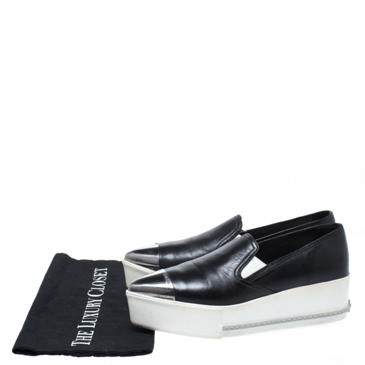 Pre Owned Miu Miu Black Leather Metal Cap Toe Slip On Sneakers Size 37.5