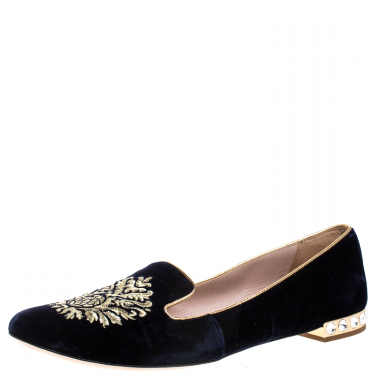 Pre Owned Miu Miu Black Velvet Crest Embellished Smoking Slippers Size 40