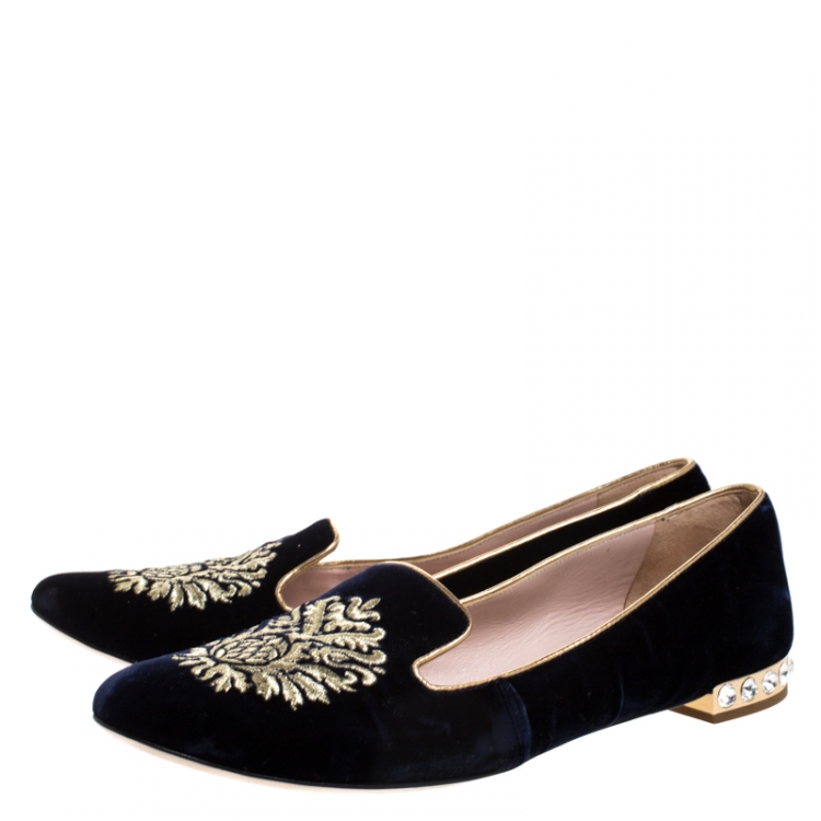 Pre Owned Miu Miu Black Velvet Crest Embellished Smoking Slippers Size 40
