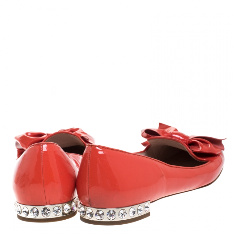 Pre Owned Miu Miu Orange Patent Leather Bow Smoking Slippers Size 38