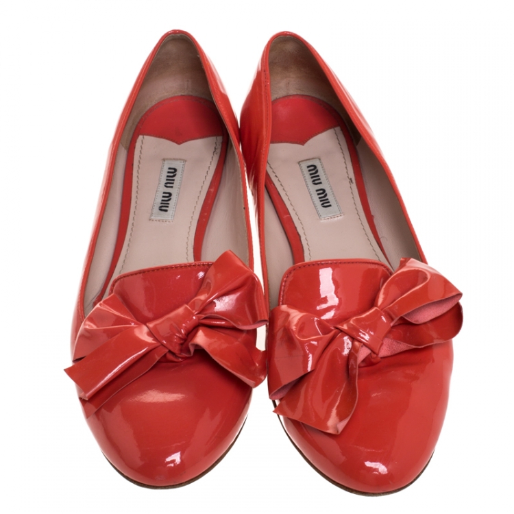 Pre Owned Miu Miu Orange Patent Leather Bow Smoking Slippers Size 38