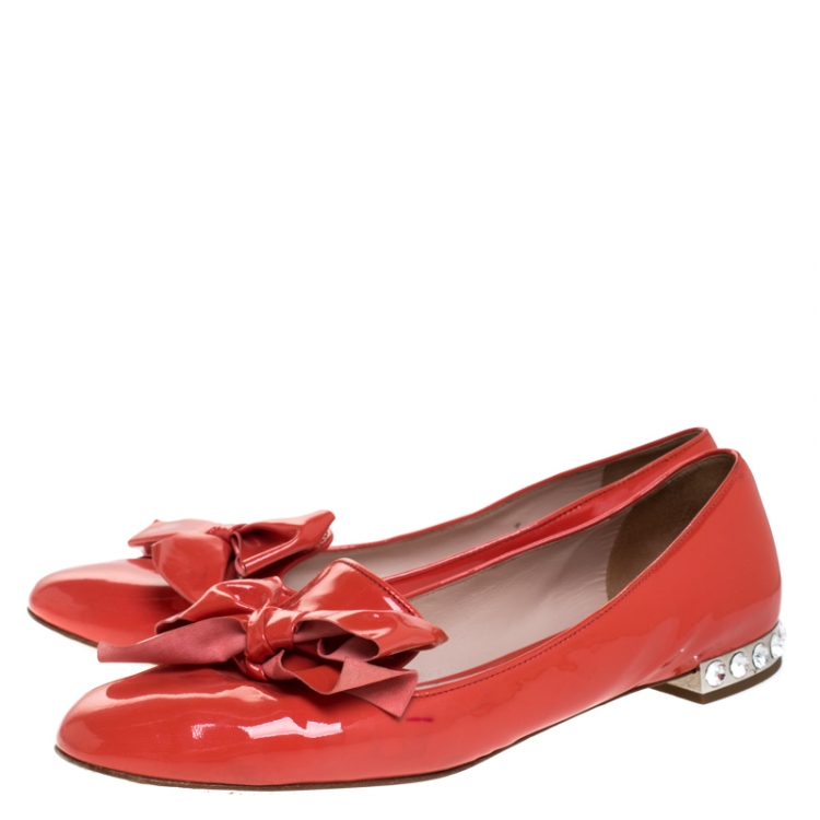 Pre Owned Miu Miu Orange Patent Leather Bow Smoking Slippers Size 38