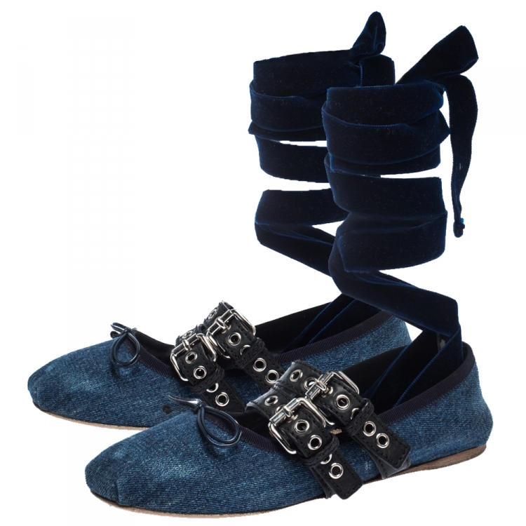 Pre Owned Miu Miu Blue Denim And Leather Buckle Detail Ballet Flats Size 39