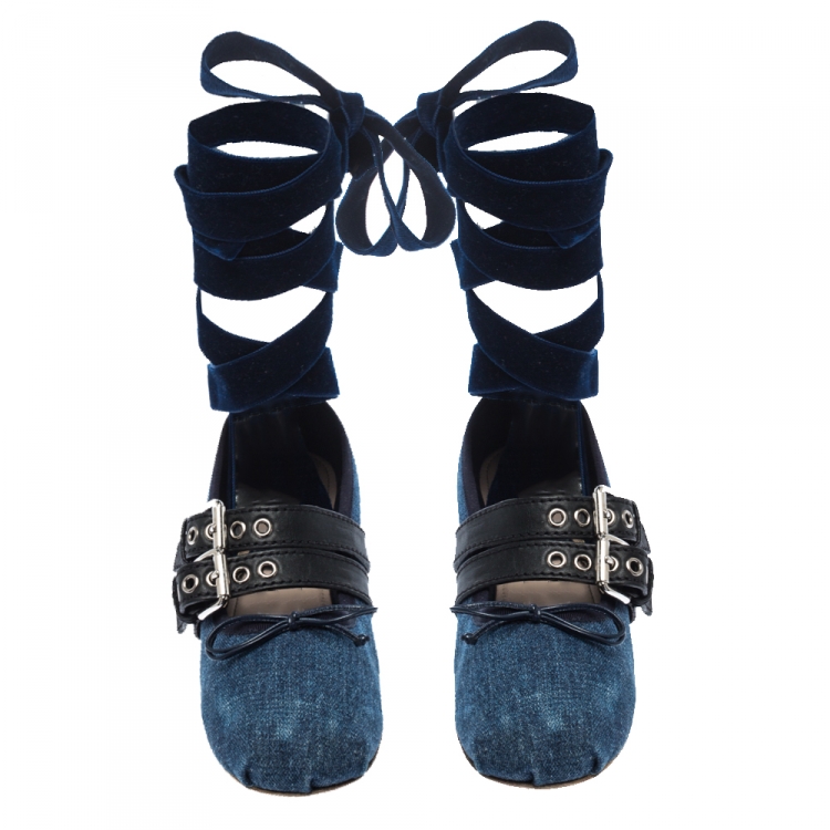 Pre Owned Miu Miu Blue Denim And Leather Buckle Detail Ballet Flats Size 39