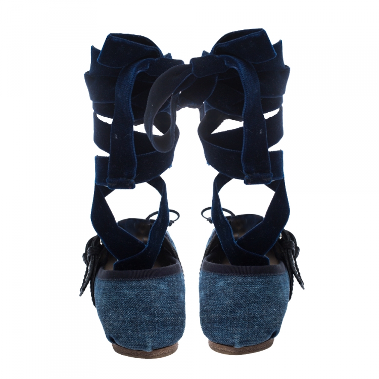 Pre Owned Miu Miu Blue Denim And Leather Buckle Detail Ballet Flats Size 39