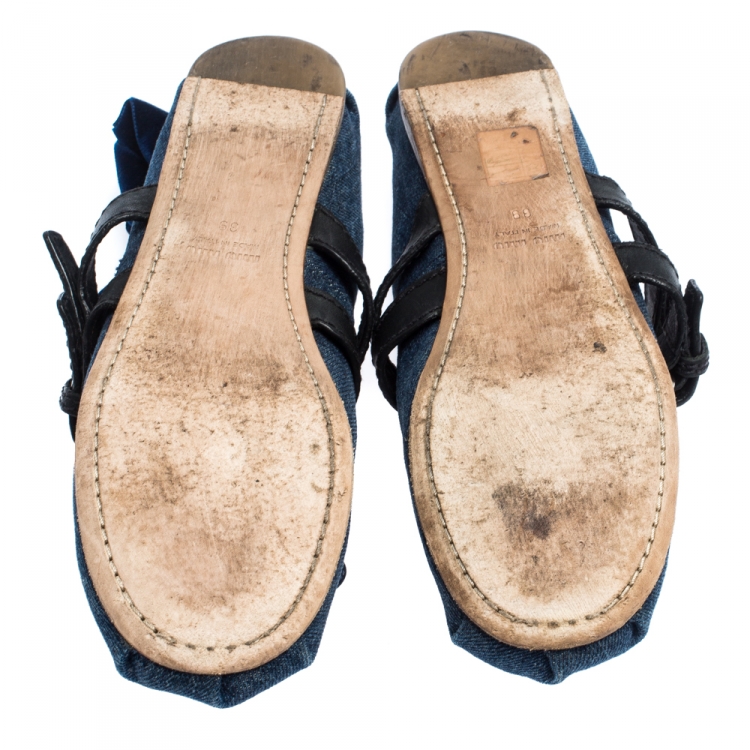Pre Owned Miu Miu Blue Denim And Leather Buckle Detail Ballet Flats Size 39