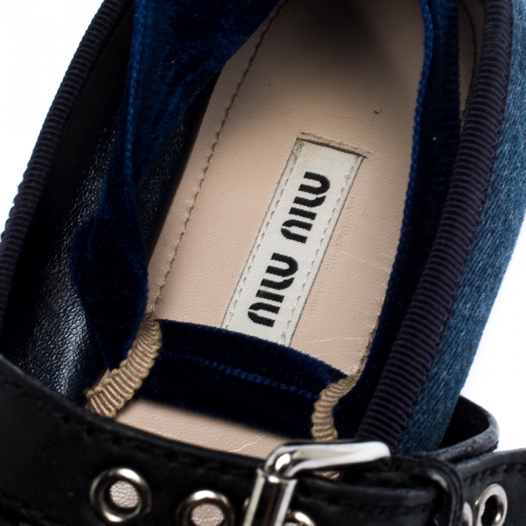 Pre Owned Miu Miu Blue Denim And Leather Buckle Detail Ballet Flats Size 39