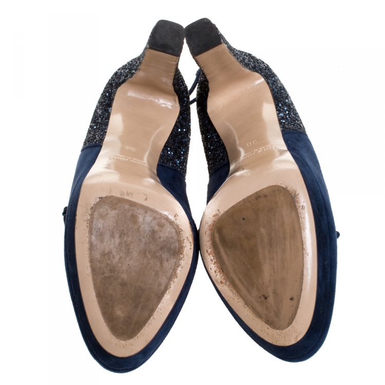Pre Owned Miu Miu Navy Blue Suede and Glitter Lace Booties Size 38