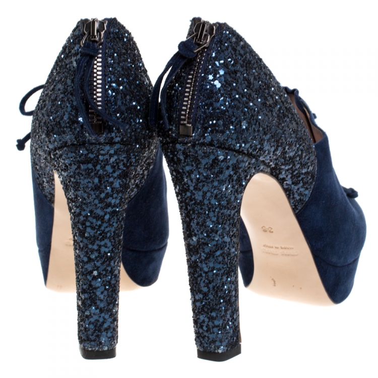 Pre Owned Miu Miu Navy Blue Suede and Glitter Lace Booties Size 38