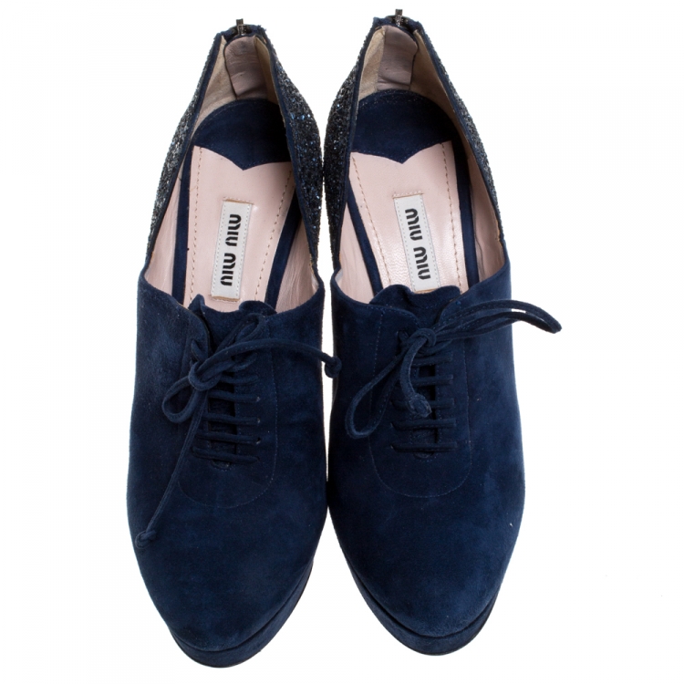 Pre Owned Miu Miu Navy Blue Suede and Glitter Lace Booties Size 38