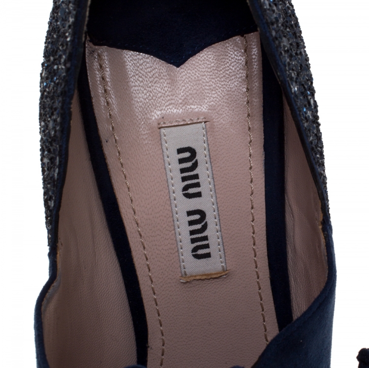 Pre Owned Miu Miu Navy Blue Suede and Glitter Lace Booties Size 38