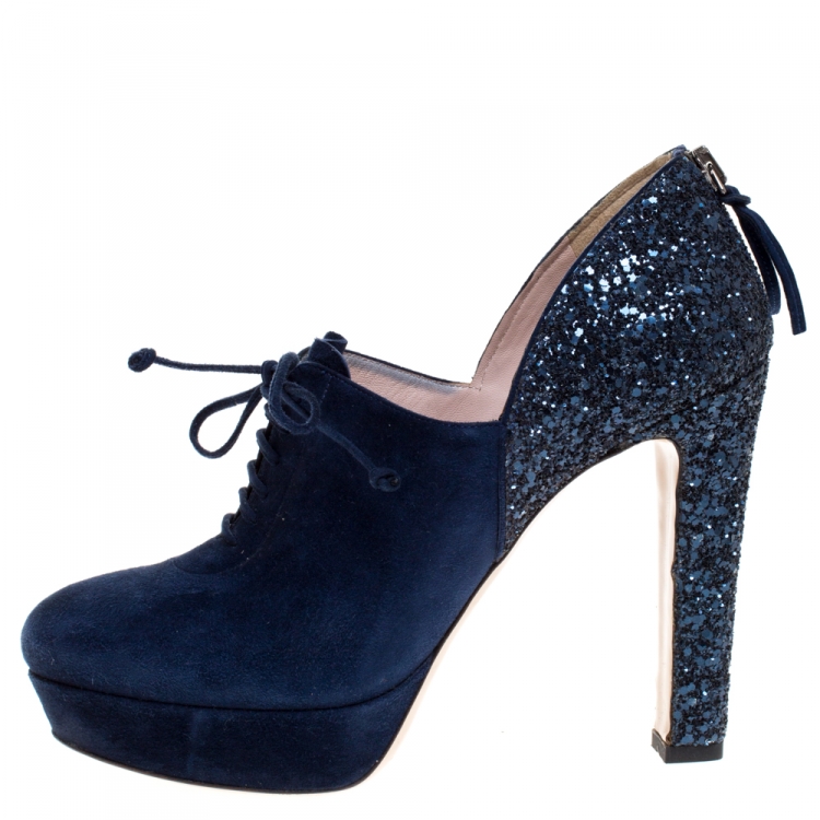 Pre Owned Miu Miu Navy Blue Suede and Glitter Lace Booties Size 38
