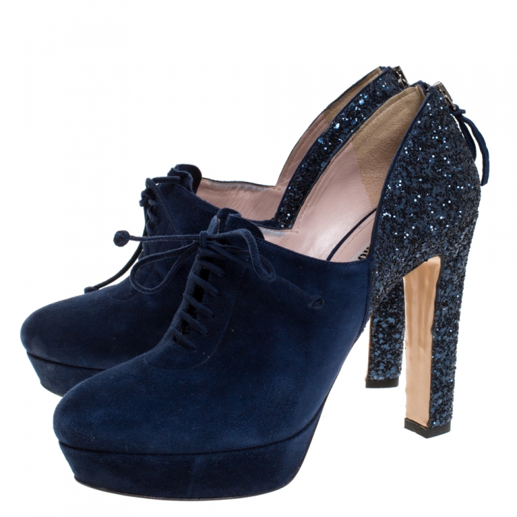 Pre Owned Miu Miu Navy Blue Suede and Glitter Lace Booties Size 38