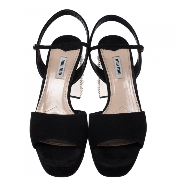 Pre Owned Miu Miu Black Suede Crystal Embellished Heel Ankle Strap Platform Sandals Size 40