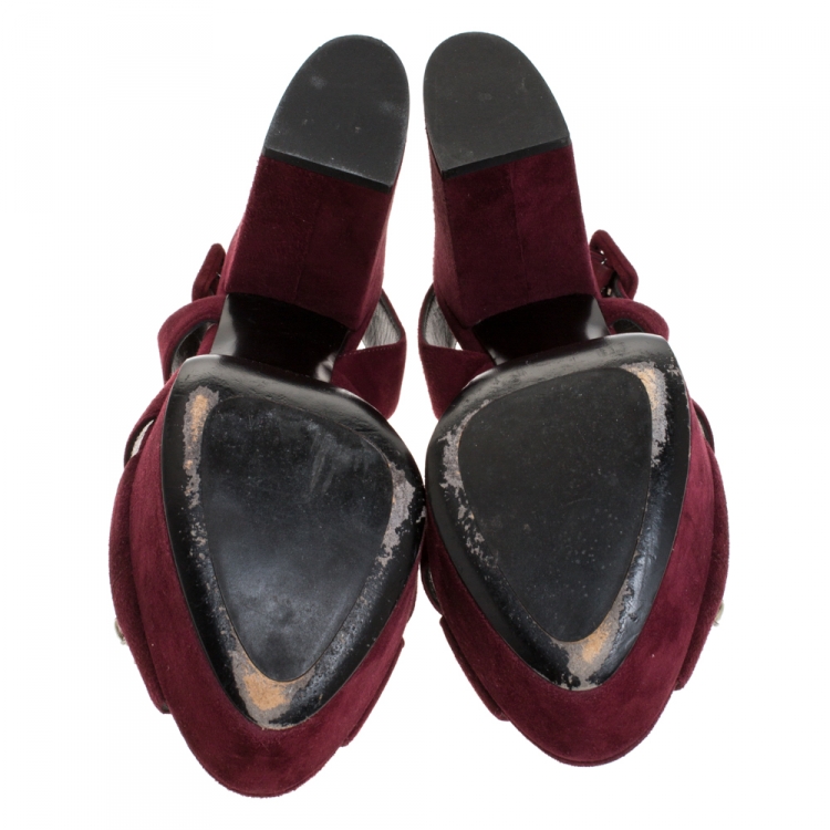 Pre Owned Miu Miu Burgundy Suede Crystal Embellished Platform Block Heel Sandals Size 38