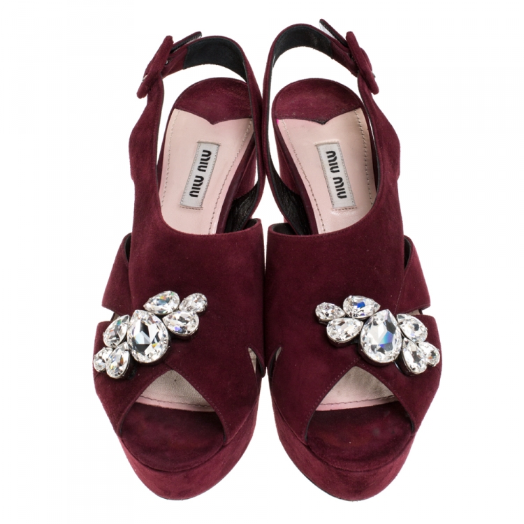 Pre Owned Miu Miu Burgundy Suede Crystal Embellished Platform Block Heel Sandals Size 38