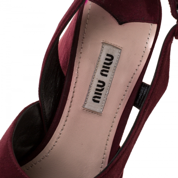 Pre Owned Miu Miu Burgundy Suede Crystal Embellished Platform Block Heel Sandals Size 38