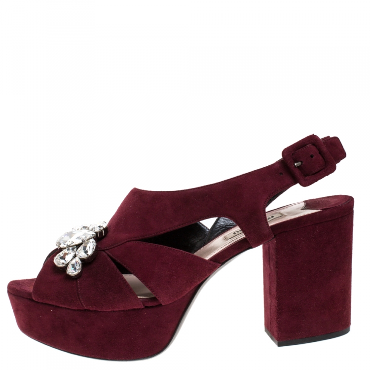 Pre Owned Miu Miu Burgundy Suede Crystal Embellished Platform Block Heel Sandals Size 38