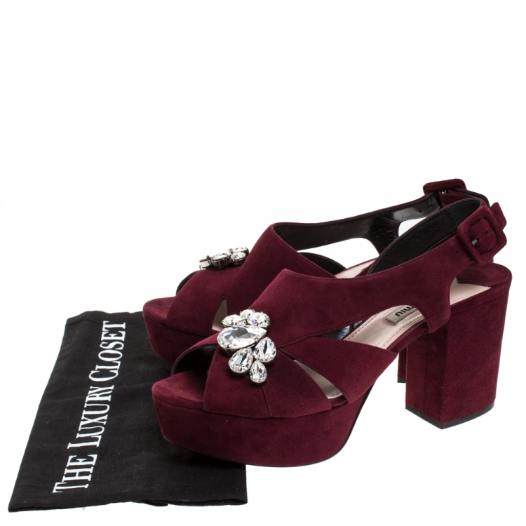 Pre Owned Miu Miu Burgundy Suede Crystal Embellished Platform Block Heel Sandals Size 38