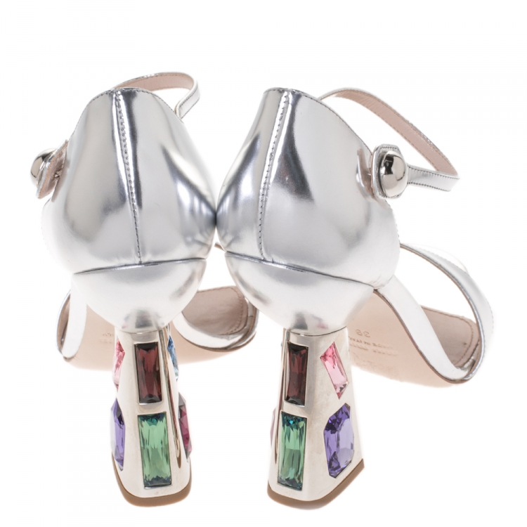 Pre Owned Miu Miu Metallic Silver Leather Crystal Heel Open Toe Sandals Size 39