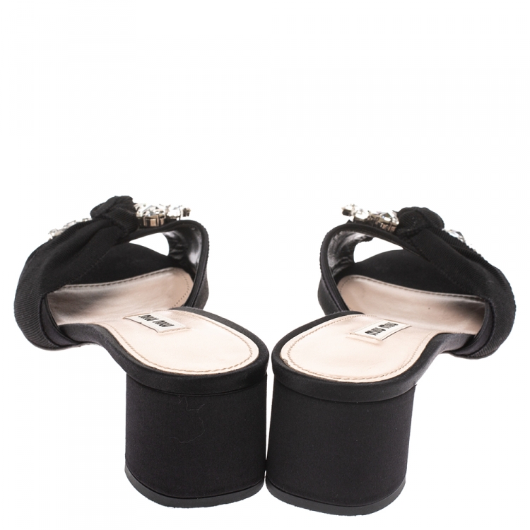 Pre Owned Miu Miu Black Satin Crystal Embellished Open Toe Sandals Size 38.5