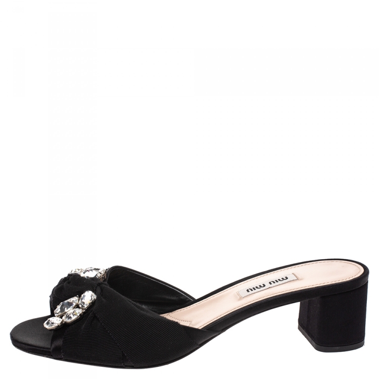 Pre Owned Miu Miu Black Satin Crystal Embellished Open Toe Sandals Size 38.5