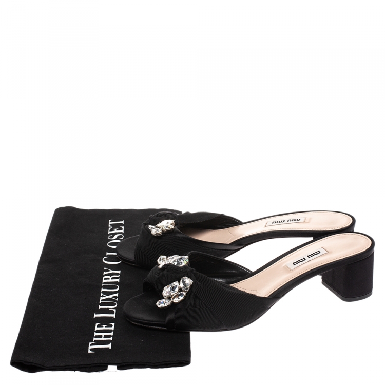 Pre Owned Miu Miu Black Satin Crystal Embellished Open Toe Sandals Size 38.5