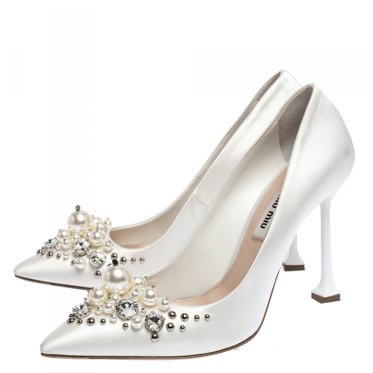 Pre Owned Miu Miu Beige Pearl and Crystal Embellished Satin Pointed Toe Pumps Size 36.5