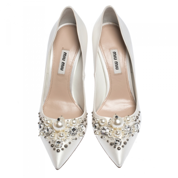 Pre Owned Miu Miu Beige Pearl and Crystal Embellished Satin Pointed Toe Pumps Size 36.5