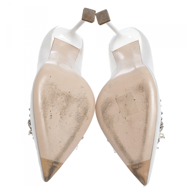 Pre Owned Miu Miu Beige Pearl and Crystal Embellished Satin Pointed Toe Pumps Size 36.5