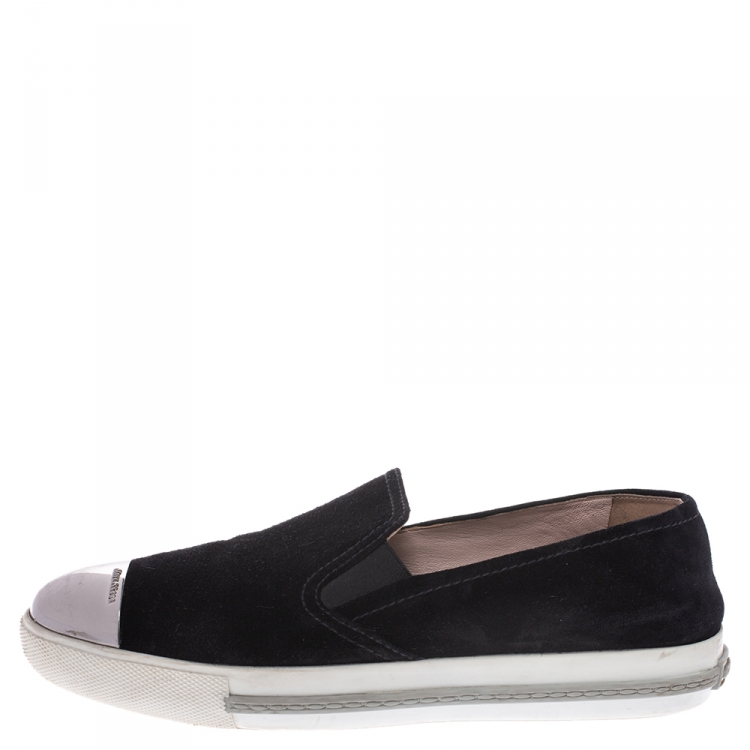 Pre Owned Miu Miu Black Suede Metal Cap Toe Platform Slip On Sneakers Size 38
