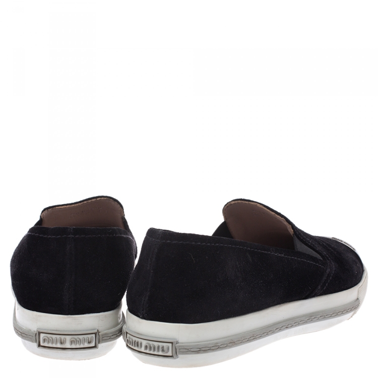 Pre Owned Miu Miu Black Suede Metal Cap Toe Platform Slip On Sneakers Size 38