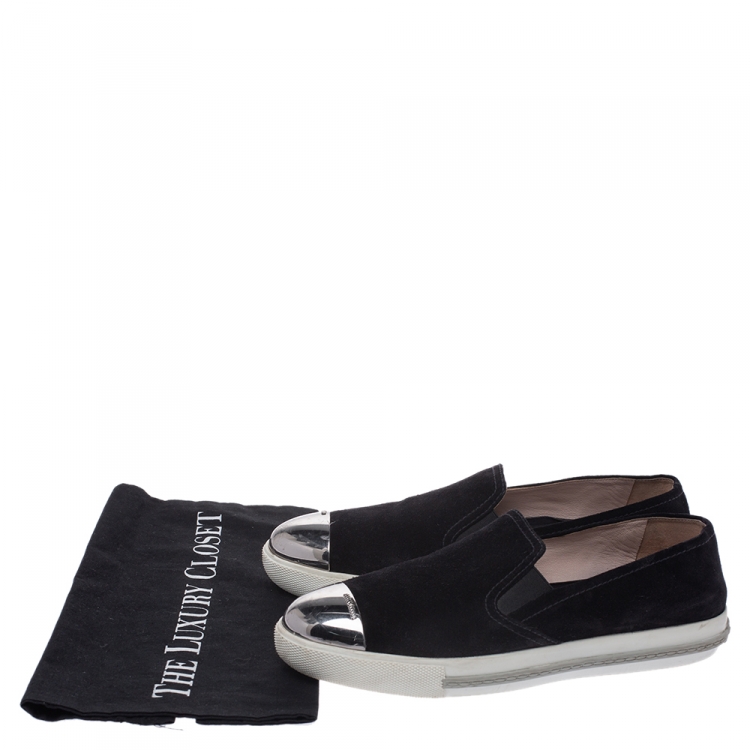 Pre Owned Miu Miu Black Suede Metal Cap Toe Platform Slip On Sneakers Size 38