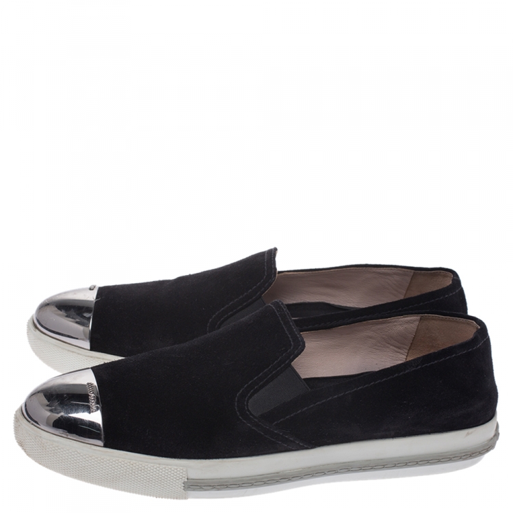 Pre Owned Miu Miu Black Suede Metal Cap Toe Platform Slip On Sneakers Size 38