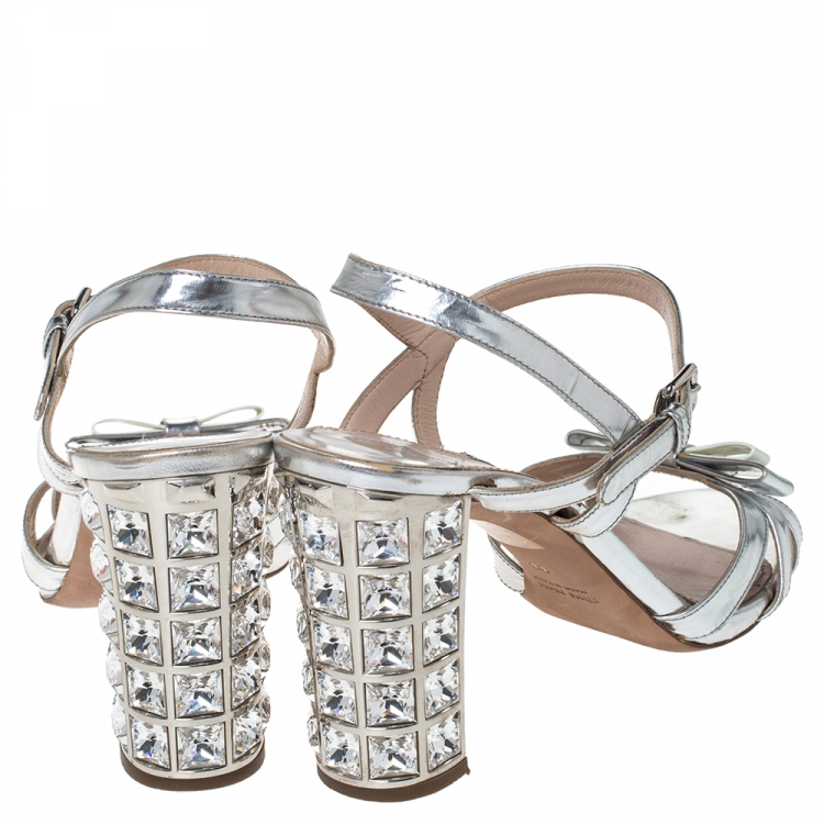 Pre Owned Miu Miu Silver Leather Crystal Embellished Block Heel Ankle Strap Sandals Size 38