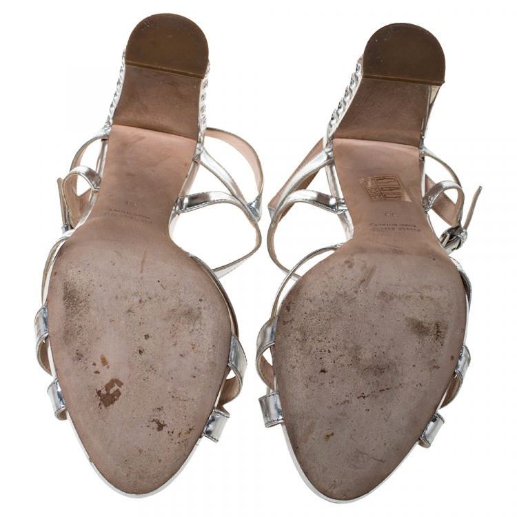 Pre Owned Miu Miu Silver Leather Crystal Embellished Block Heel Ankle Strap Sandals Size 38