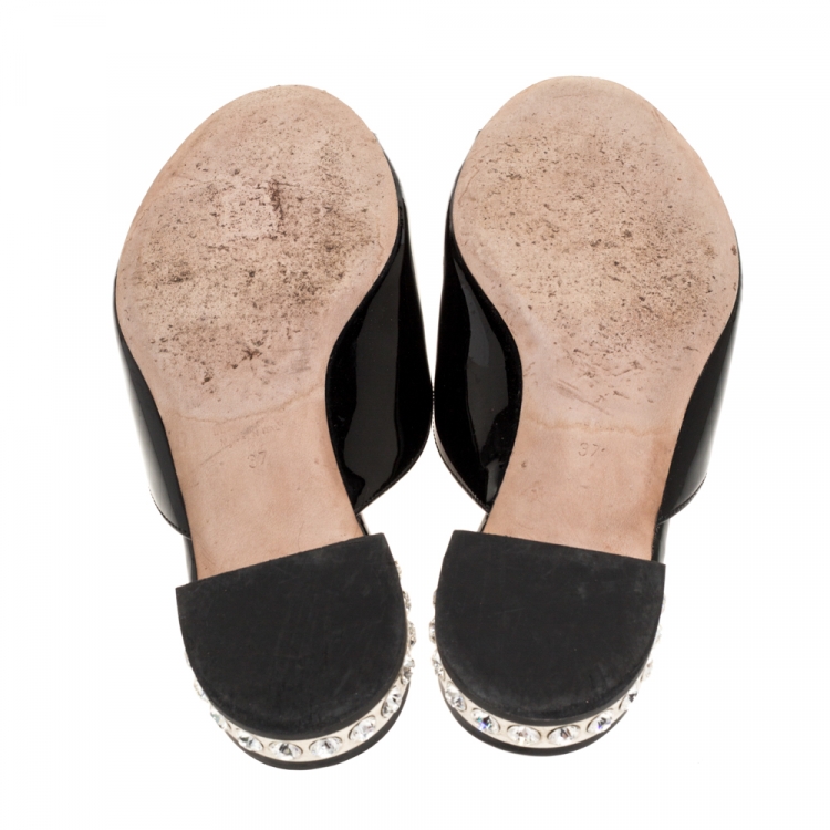 Pre Owned Miu Miu Black Patent Leather Crystal Embellished Heel Bow Flat Slides Size 37