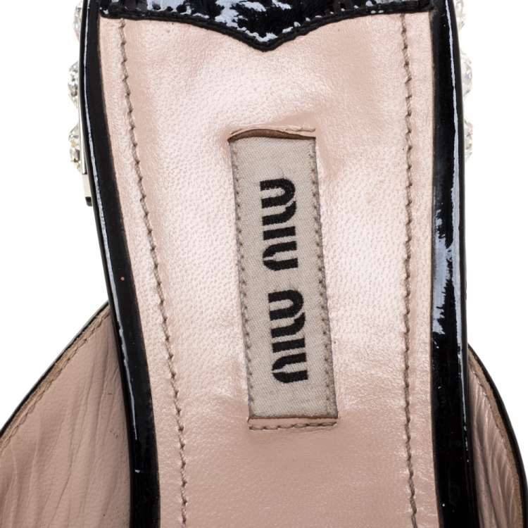 Pre Owned Miu Miu Black Patent Leather Crystal Embellished Heel Bow Flat Slides Size 37