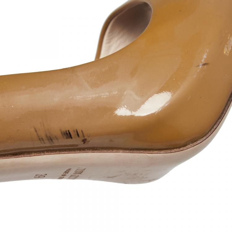 Pre Owned Miu Miu Brown/Black Patent Leather Peep Toe Platform Pumps Size 39