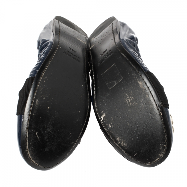 Pre Owned Miu Miu Navy Blue Patent Leather Crystal Embellished Scrunch Ballet Flats Size 38.5