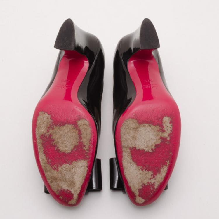 Pre Owned Miu Miu Black Patent Leather Bow Front Pumps Size 37.5