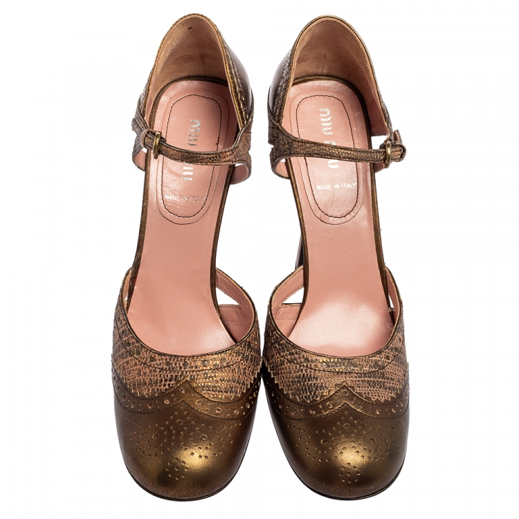 Pre Owned Miu Miu Metallic Copper Brogue Leather Pumps Size 40