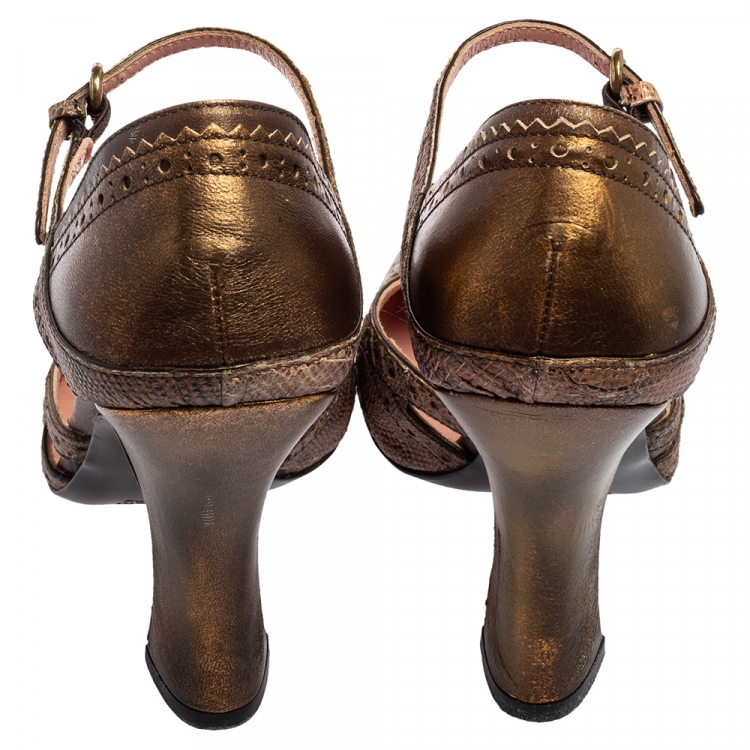 Pre Owned Miu Miu Metallic Copper Brogue Leather Pumps Size 40