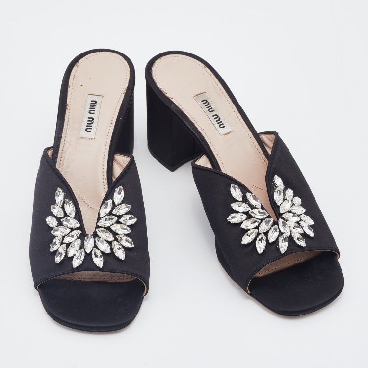 Pre Owned Miu Miu Black Satin Crystal Embellished Block Heel Slide Sandals Size 40