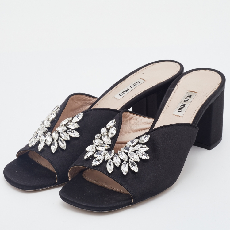 Pre Owned Miu Miu Black Satin Crystal Embellished Block Heel Slide Sandals Size 40