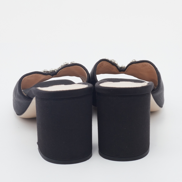 Pre Owned Miu Miu Black Satin Crystal Embellished Block Heel Slide Sandals Size 40