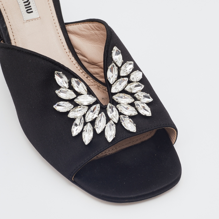 Pre Owned Miu Miu Black Satin Crystal Embellished Block Heel Slide Sandals Size 40