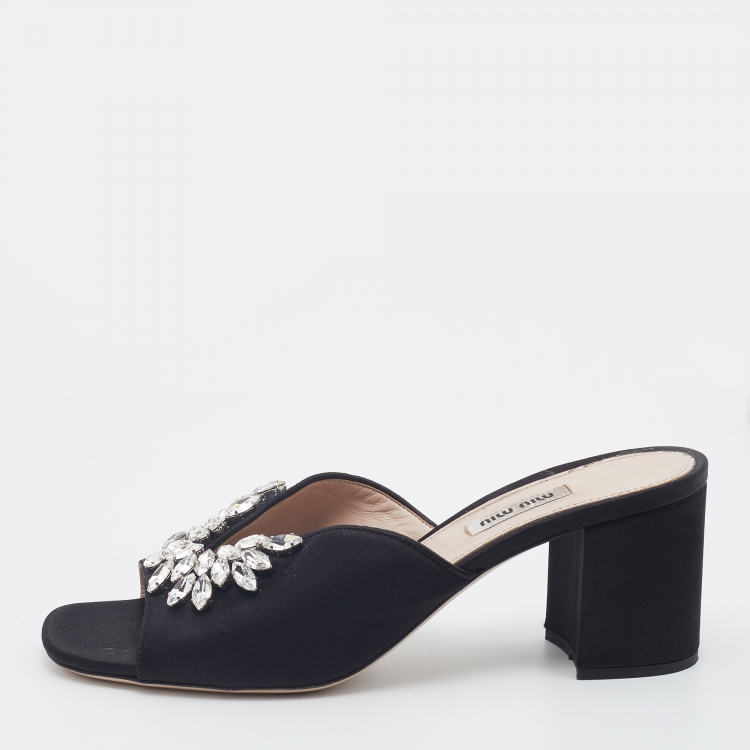 Pre Owned Miu Miu Black Satin Crystal Embellished Block Heel Slide Sandals Size 40