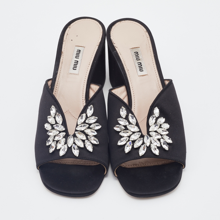 Pre Owned Miu Miu Black Satin Crystal Embellished Block Heel Slide Sandals Size 40
